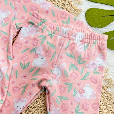 Conj. Jaqueta e Calça Ursinha e Coelhinha com Plantinhas em Malha Térmica - Rose